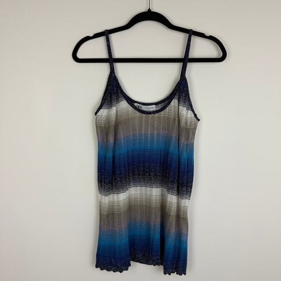 NWOT Zara Womens Metallic Thread Knit Striped Special Edition Blue/Cream Tank XL - Picture 1 of 8